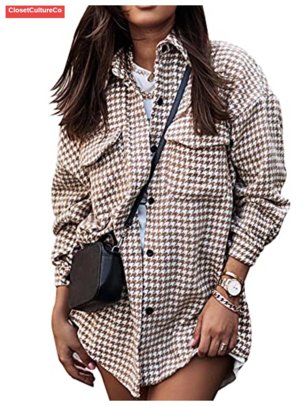 Houndstooth Plaid Shacket Button Down Casual Jacket